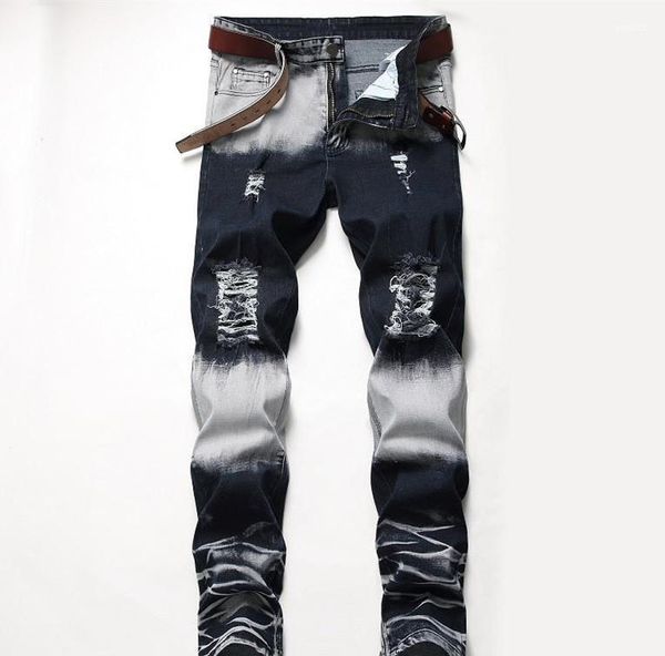 

holes stretch regular mid waist straight mens pants fashion male apparel mens designer jeans distrressed blue white