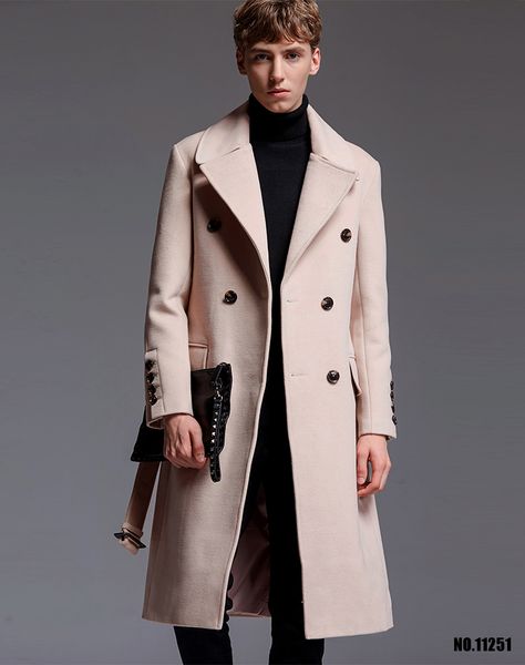 

brand mens extra long woolen coat 2017 autumn/winter england artifical cashmere over coat business causal beige outwear, Black