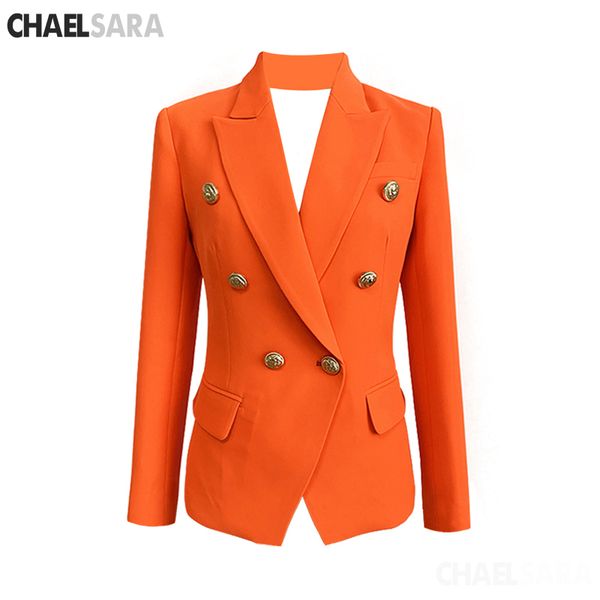 

2019 new runway designer career blazer for women ladies lion buttons double breasted blazer jacket neon orange, White;black