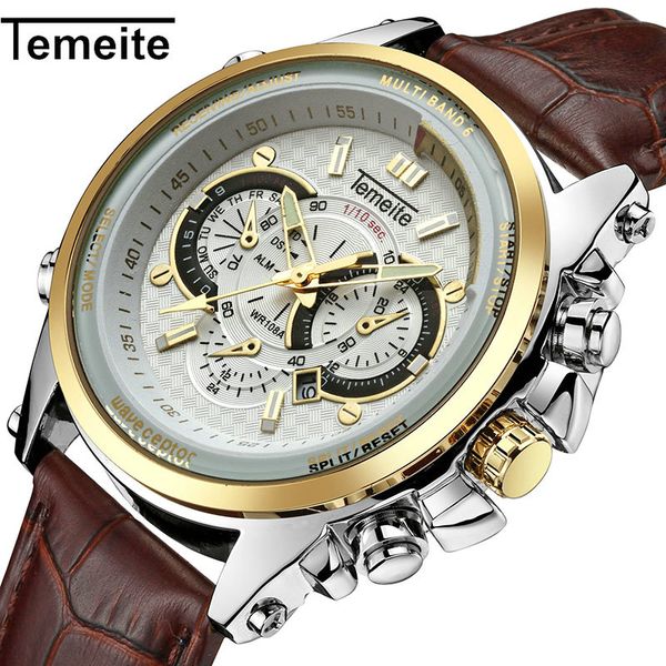 

temeite sports casual quartz watch men brown leather strap sub-dials decoration luminous hands fashion calendar wrist watches, Slivery;brown