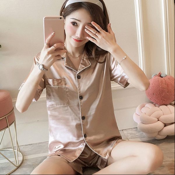 

summer new silk satin women pajamas set thin pyjamas shorts sleepwear sets large size female casual home wear suit pijama, Black;red