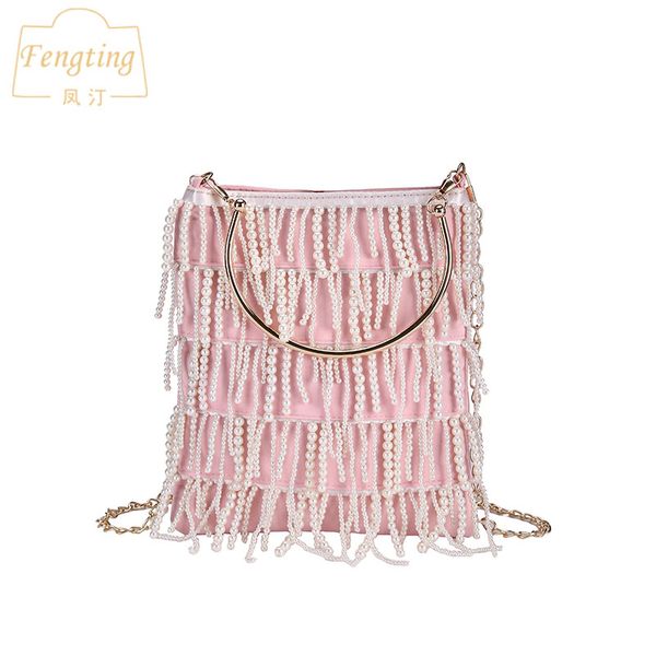 

pearl tassel clutch belt bag small pink beaded evening bags chain shoulder messenger purse for party ftb149