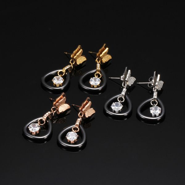 

2019 new fashion titanium steel butterfly dangle earrings for women ladies black ceramic earrings inlaid zircon party jewelry, Silver