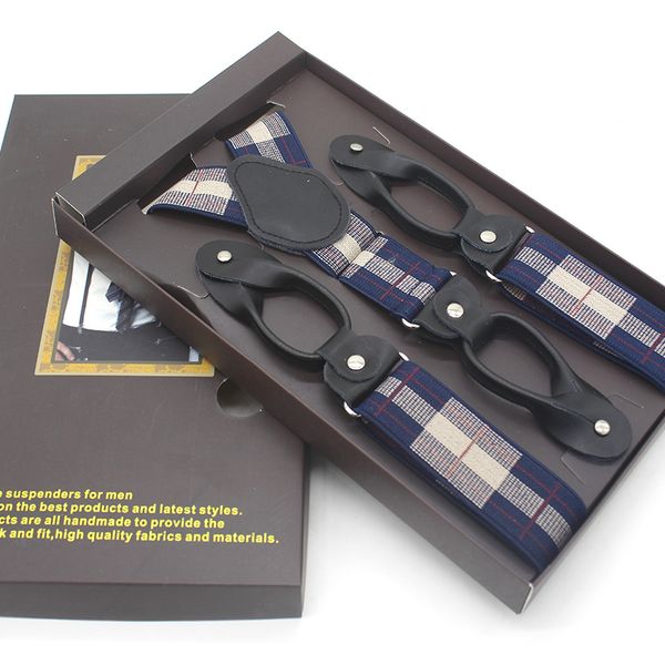 

man's suspenders real leather 6 button brace strap fashion elastic adjustable tuxedo y-back suspensorio 3.5*120cm with gift box, Black;white