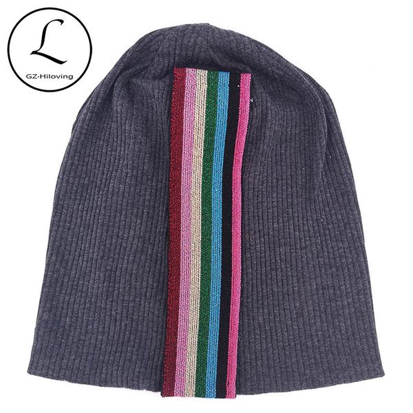 

soft women multi color ribbon cotton ribbed beanies hats 2019 new autumn slouch skullies hats and caps for ladies oversize, Blue;gray