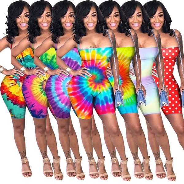 

women designer jumpsuits summer clothing tie-dye rainbow polka dot straps with backless overalls rompers shorts pleated jumpsuit t601, Black;white