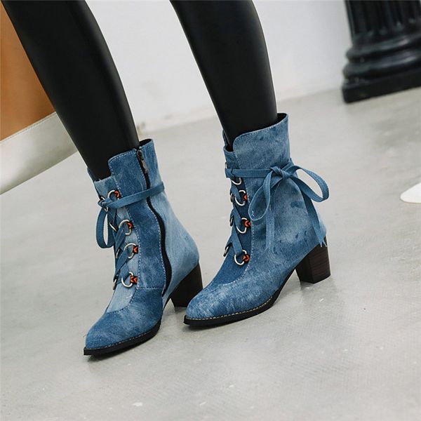 

2019 autumn winter denim cross tied high heel boots female blue purple block heels ankle riding knight boots shoes woman, Black