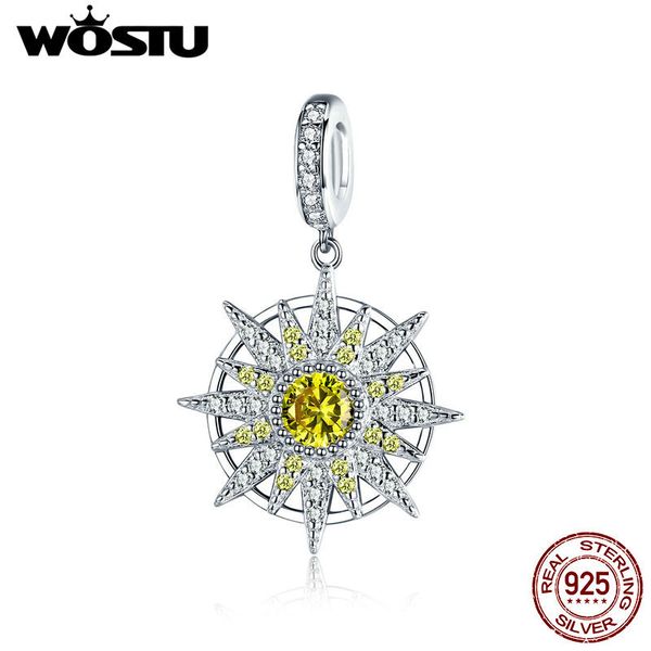 

wostu 100% 925 sterling silver sun flower charm yellow cz бисер fit оригинальный браслет подвеска для женщин изготовление ювелирных изделий, Bronze;silver