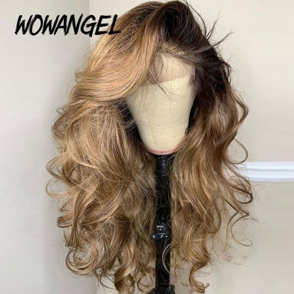 

wowangel 13x4 lace front human hair wigs 150% density brazilian remy body wave human hair pre-plucked bleached knots, Black;brown