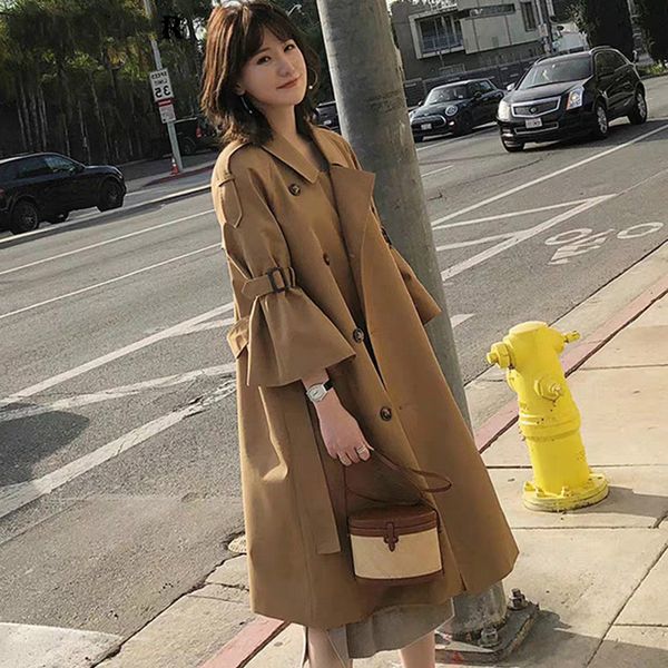 

korean style ladies turn-down collar trench coats flare sleeves women long loose female windbreaker outerwear 2019 new, Tan;black