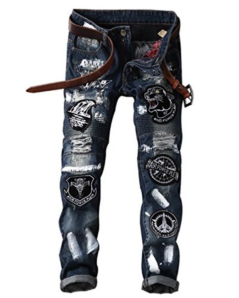 

lamcord men's straight slim fit pattern patch denim punk rocker biker jeans, Blue