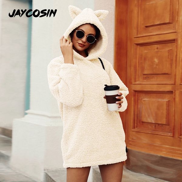 

men's hoodies & sweatshirts jaycosin 2021 fashion lady faux fur solid color long hooded ear sweatshirt jacket pullover, Black