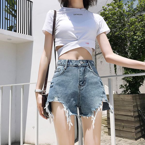 

short jeans for girl tassel hole short denim pants fashion casual wide legn jeans summer jeans, Blue