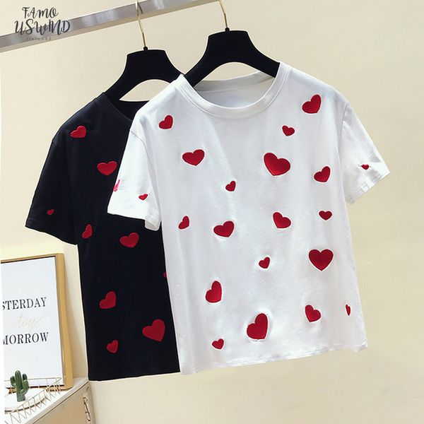 

women t shirt love embroidery cotton sweet white t shirt women summer short sleeve black tee shirt femme new 2020