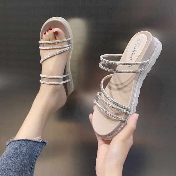 

slippers casual shoes glitter slides slipers women on a wedge low summer soft jelly 2020 crystal rubber pu pvc wedges, Black