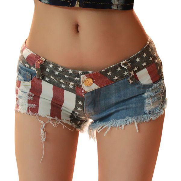 

2019 feitong women short jeans summer american flag denim jeans high waist hole pockets mini shorts bodycon pants, Blue