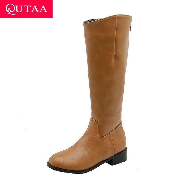 

qutaa 2020 casual round toe platform zipper mid calf boots pu leather long boots square low heel fashion women shoes size 34-43, Black