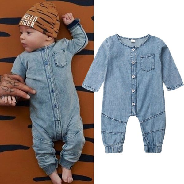 

newborn toddler kid baby boy girl clothes denim rompers long sleeve button romper jumpsuit outfit, Blue