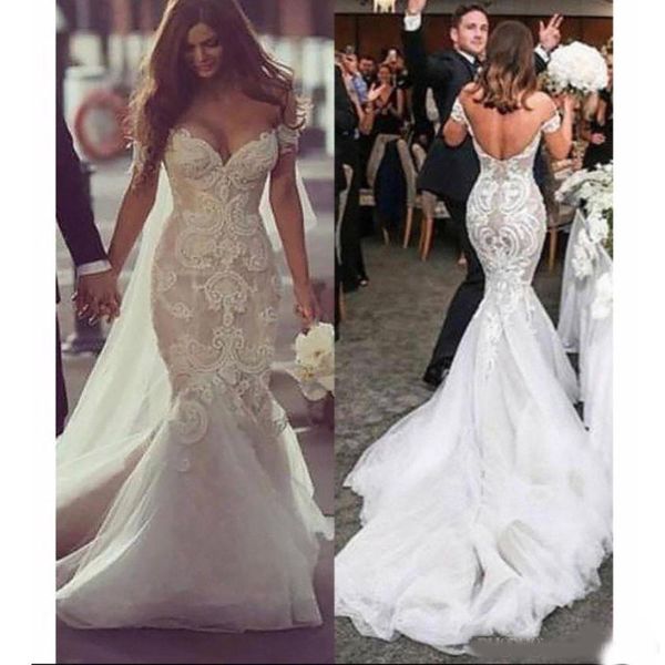 

lace mermaid wedding dresses 2020 appliques sweetheart off shoulder blackless plus size fashion bridal gowns, White