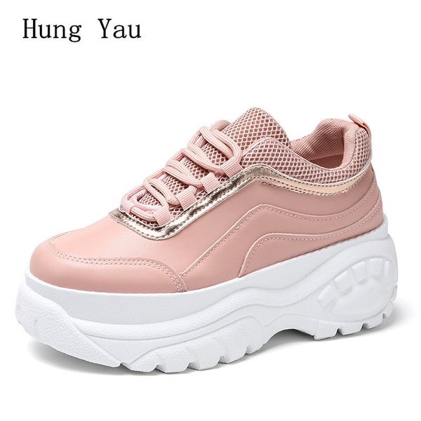 

sneakers women chunky shoes casual platform height increasing 5 cm outdoor walking flats female thick sole dad footwear boots, Black