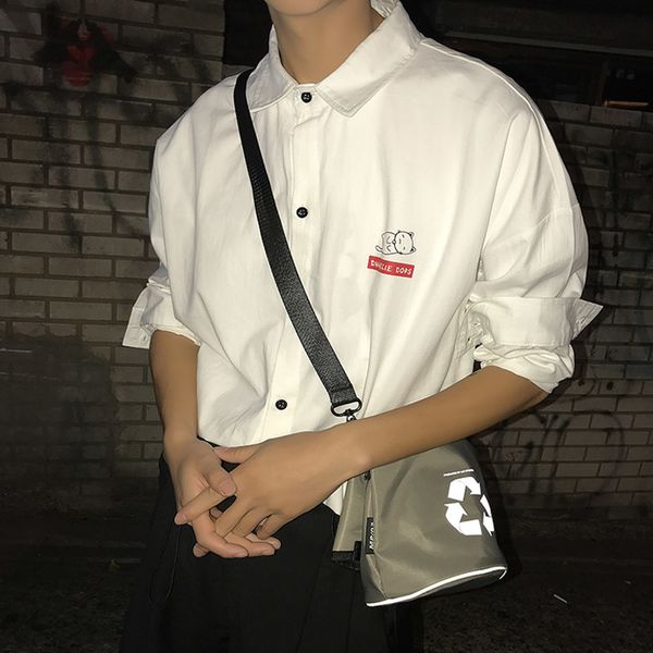 

2019 spring and autumn new youth popular cat print men's collar loose fashion casual long-sleeved shirt black / white s-xl, White;black