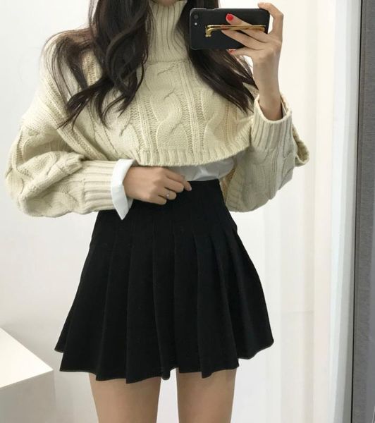 

wavisyier women turtleneck collar sweater female vintage solid cropped chic korean jumper woman 2020 solid loose pullover winter, White;black