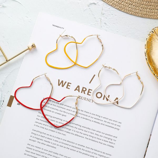 

korean heart hoop earrings cute love hollow red white yellow copper simple fashion romantic ear rings jewelry for women, Golden;silver