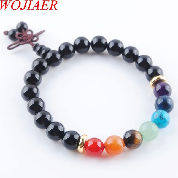 

wojiaer 8mm natural black quartz stone round beads bracelets 7 chakra healing mala meditation prayer yoga women jewelry dk3327