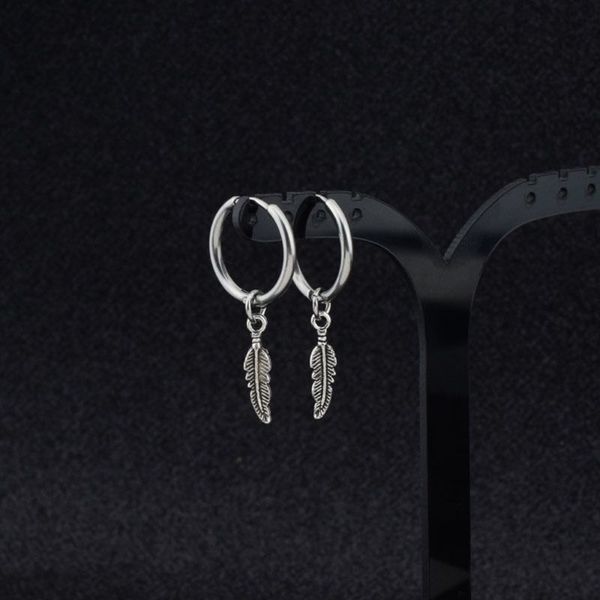 

angelady 1 pair hip hop kpop leaf titanium feather pendant dangle earrings korean jewelry for cool boys girls, Silver