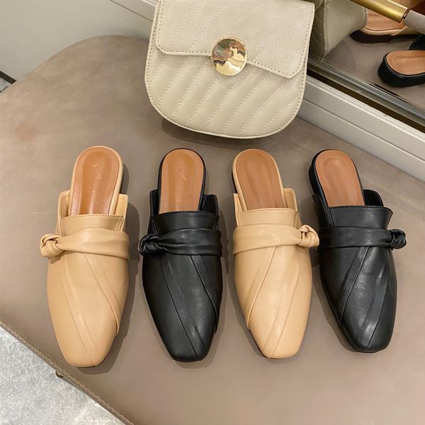 

fashion low heels mules woman closed toe slippers casual slides slip on loafers patchwork leather zapatos mujer black apricot