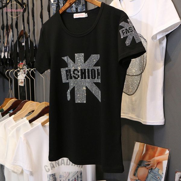 

black t shirt with diamond ladies 2020 new summer fashion loose drilling thin slim o neck short sleeve women t shirt, White