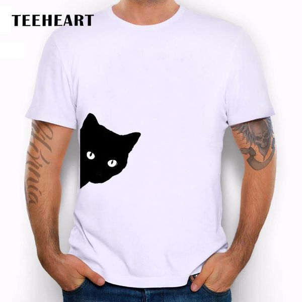 

teeheart naughty black cat printed men's casual t-shirt male cute cartoon animal tee, White;black