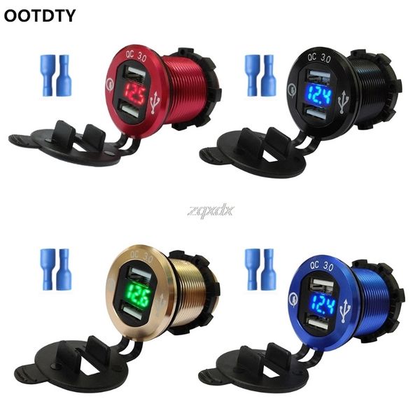 

ootdty qc 3.0 aluminum motorcycle boat car 2 usb charger led voltmeter for phone tablet whosale&dropship