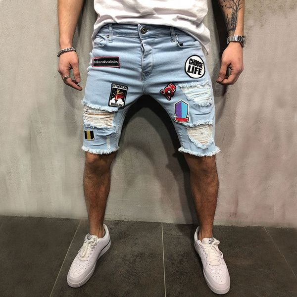 

fashion mens stylist denim shorts summer zipper ripped jeans mens slim pants hip hop mens short jeans blue, White;black