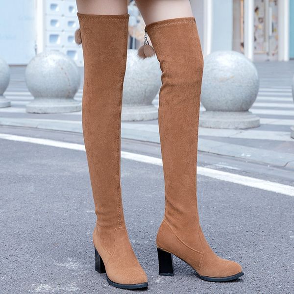 

winter over the knee boots brown high boots women side zip knee bare back zip square heel casual long tube booties#g4, Black