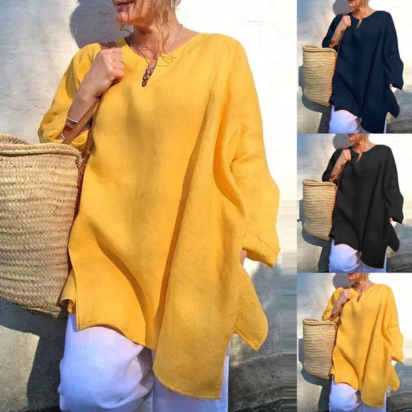 

korean clothes 2019 sexyÂ women casual linen long sleeve loose v-neck solid sunscreen shirt tee shirt femme, White