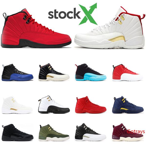 

stock x men basketball shoes 12s nylon wntr gym red gamma blue michigan black the master flu game taxi sports sneakers size 7-13