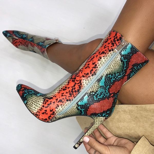 

2020 women 11.5cm high heels boots fetish pointed toe boots serpentine zip ankle prom colorful snake print stripper shoes, Black