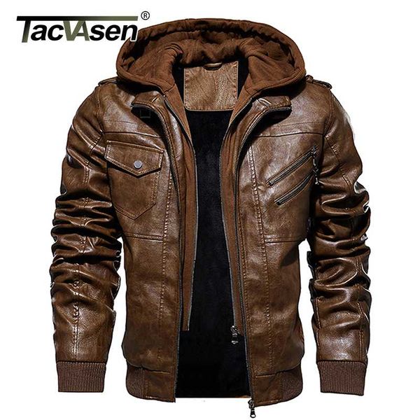 

tacvasen men's leather fur jacket coat winter fleeced warm vintage faux leather jacket motorcycle biker hooded pu coats, Black