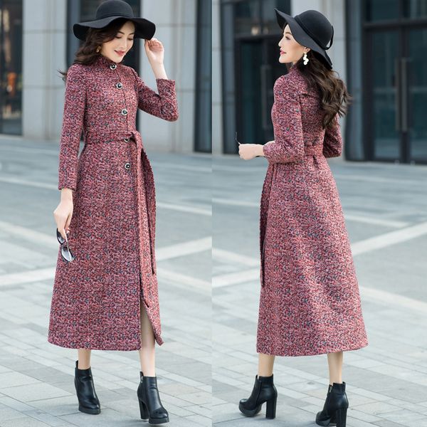 

winter fall 2018 womens long sleeve stand collar slim woolen coat , autumn fashion sash female women elegant wool coats, Black