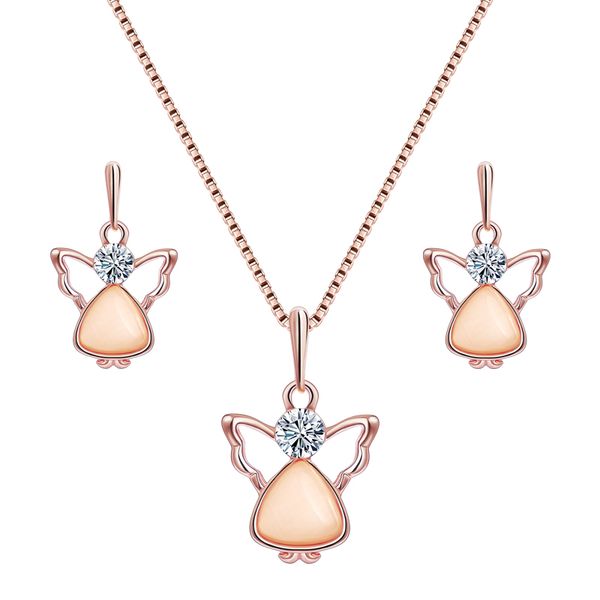 

shuangr natural stone jewelry sets angel shape for women gold-color chain champagne pendant necklace earrings bijoux femme, Silver