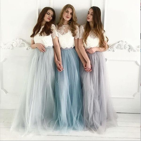 

designer country style two piece bridesmaid dresses with short sleeves lace floor length tulle skirt sheer crew neck silver grey prom gowns, White;pink