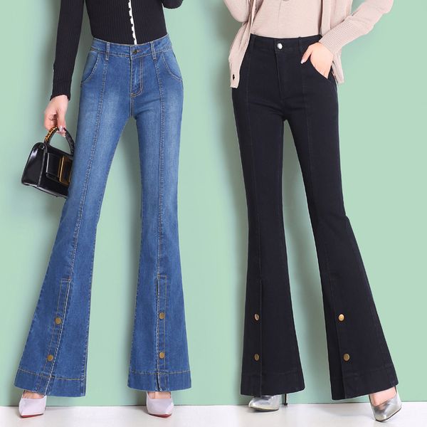 

jeans woman autumn new china style button high street flare pants elastic jeans vintage wide leg pants high waist, Blue