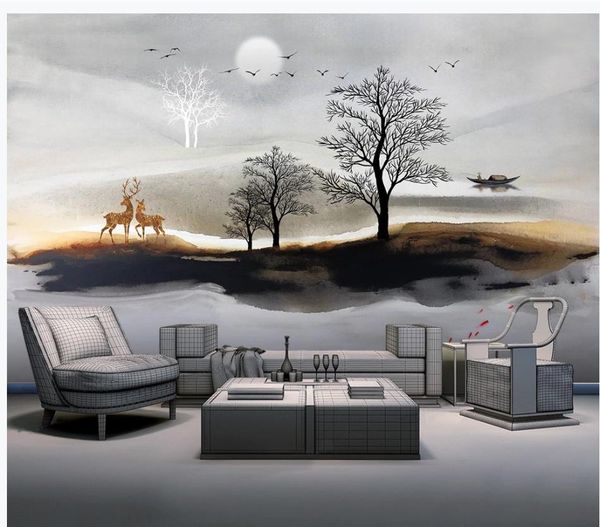 

wallpaper for walls 3 d for living room new chinese style ink landscape painting rich tree background wall decoration painting