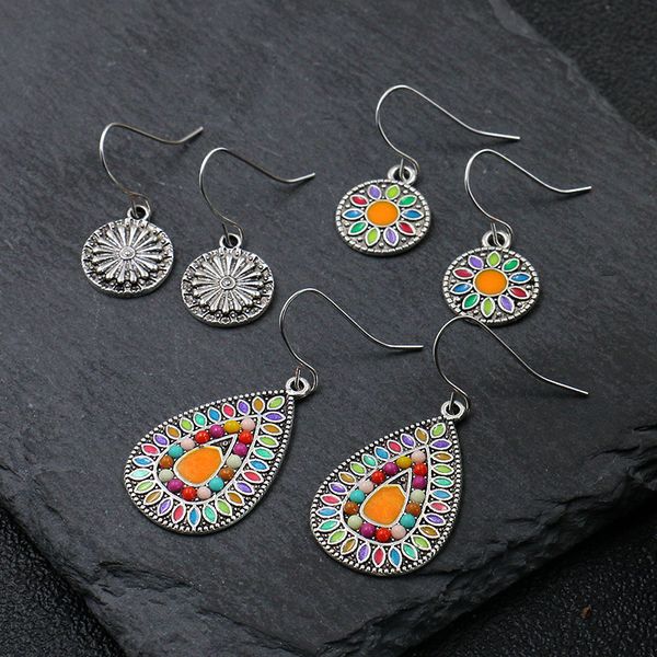 

fashion brand new 3 pairs/lot female vintage drop dangler earrings round oval zinc alloy personalized hanging ear jewelry brinco, Silver