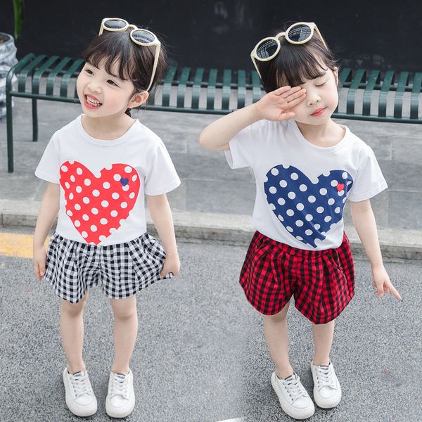 

retail baby girls love polka dots printed plaid two-piece set kids cotton short sleeve suits children boutique casual fasion clothes, White