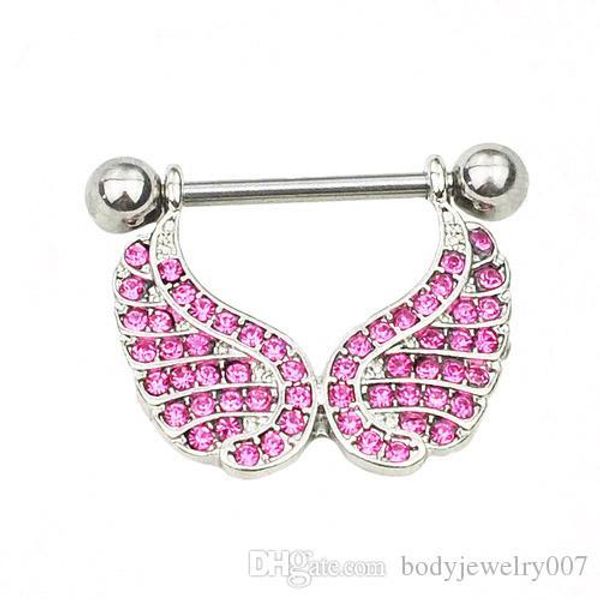 

d0663 (1 color ) nice wing style nipple ring piercing jewelry 10 pcs pink color stone drop piercing body jewelry shipping, Silver
