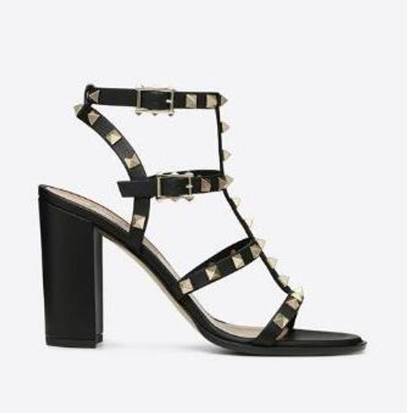 

designer pointed toe studs patent leather rivets sandals women studded strappy dress shoes valentine 10cm 6cm high heel shoes nn81, Black