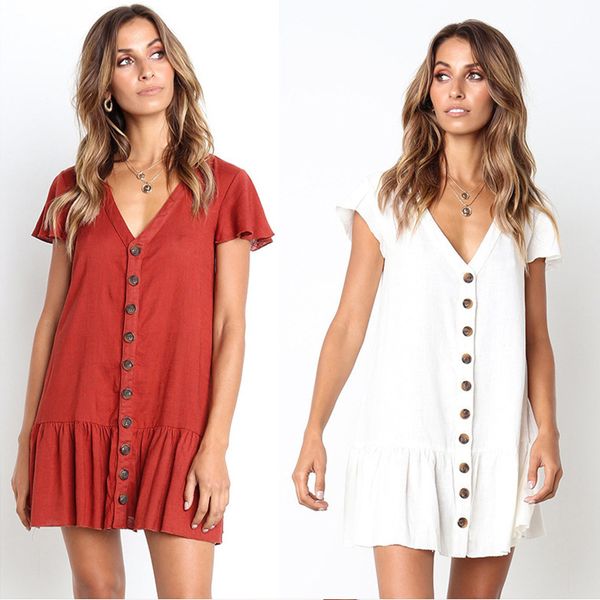 

fashion-women vintage ruffle button a-line mini dress v neck solid casual loose short dress fashion summer elegant party, Black;gray