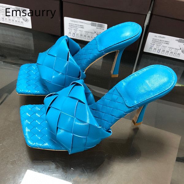 

design 2020 plaited square toe runway mules thin heel slip-on lazyman outwear shoes open toe genuine leather slippers women, Black